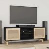 TV Cabinet Black 41.3"x11.8"x15.7" Solid Wood Pine&Natural Rattan