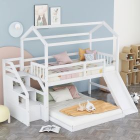 Twin over Full House Bunk Bed with Convertible Slide and Storage Staircase; Full-Length Guardrail; White