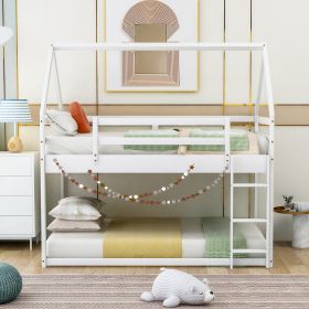 Twin over Twin Low Bunk Bed, House Bed with Ladder , White