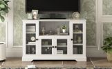 ON-TREND TV Stand for TV up to 60in with 4 Tempered Glass Doors Adjustable Panels Open Style Cabinet, Sideboard for Living room, White (OLD SKU:WF2867