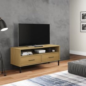 TV Cabinet with Metal Legs Brown Solid Wood Pine OSLO (Color: Brown)