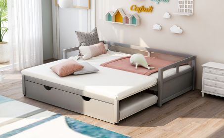 Extending Daybed with Trundle, Wooden Daybed with Trundle (Color: Gray)