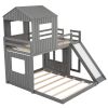 Wooden Twin Over Full Bunk Bed, Loft Bed with Playhouse, Farmhouse, Ladder, Slide and Guardrails